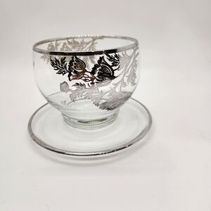 Elegant Silver Floral Glass Teacup and Saucer